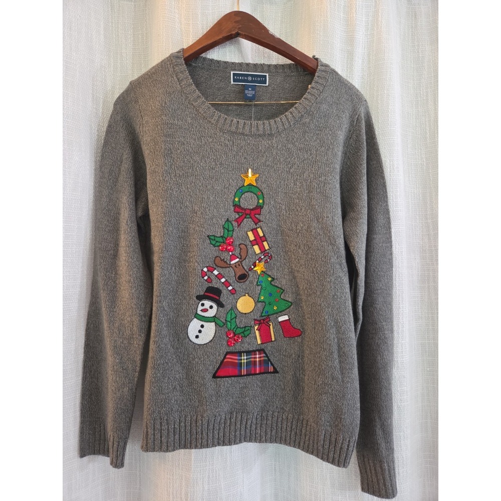 Karen Scott Christmas Embroidered Tree Gray Pullover Sweater Bling Size Medium